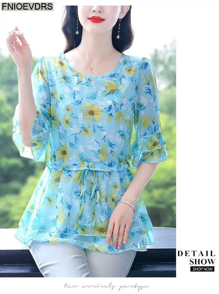 S-4XL Loose Clothes 2023 Women Summer Slim Waist Drawstring Ruffles Shirts Casual Chiffon Floral Tunic Peplum Tops And Blouses