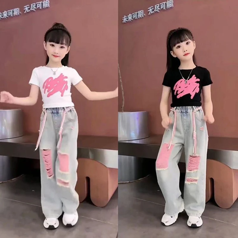 Children's 3D Graffiti Short Sleeve + Colorful Denim Ripped Pants Set Children's Suit Girls' Set kids clothing set,girls clothing set