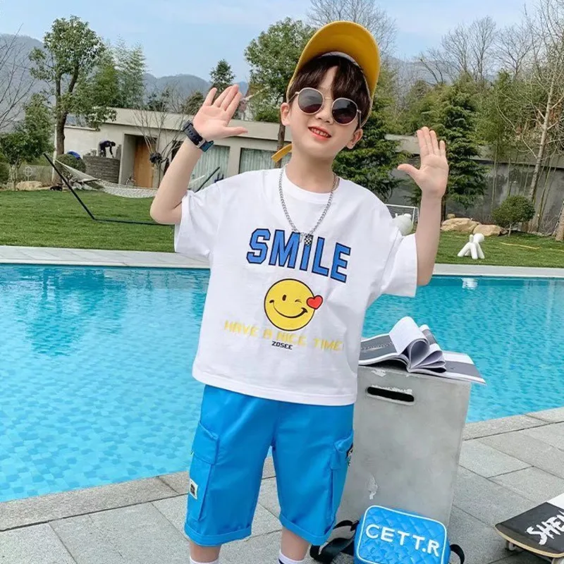 

Middle School Children Summer Cotton Tide Boy Cute Baby Clothes Print Leisure Short Tshirt Top Infant Outfit 7-14age
