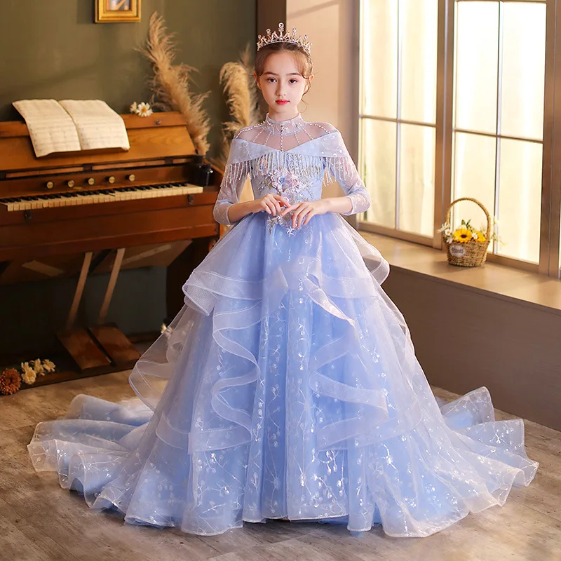 

Child Teen Girl Evening Dresses Long Luxury Blue Tulle Birthday Party Formal Kids Bridesmaid Wedding Sequin Pageant Vestidos