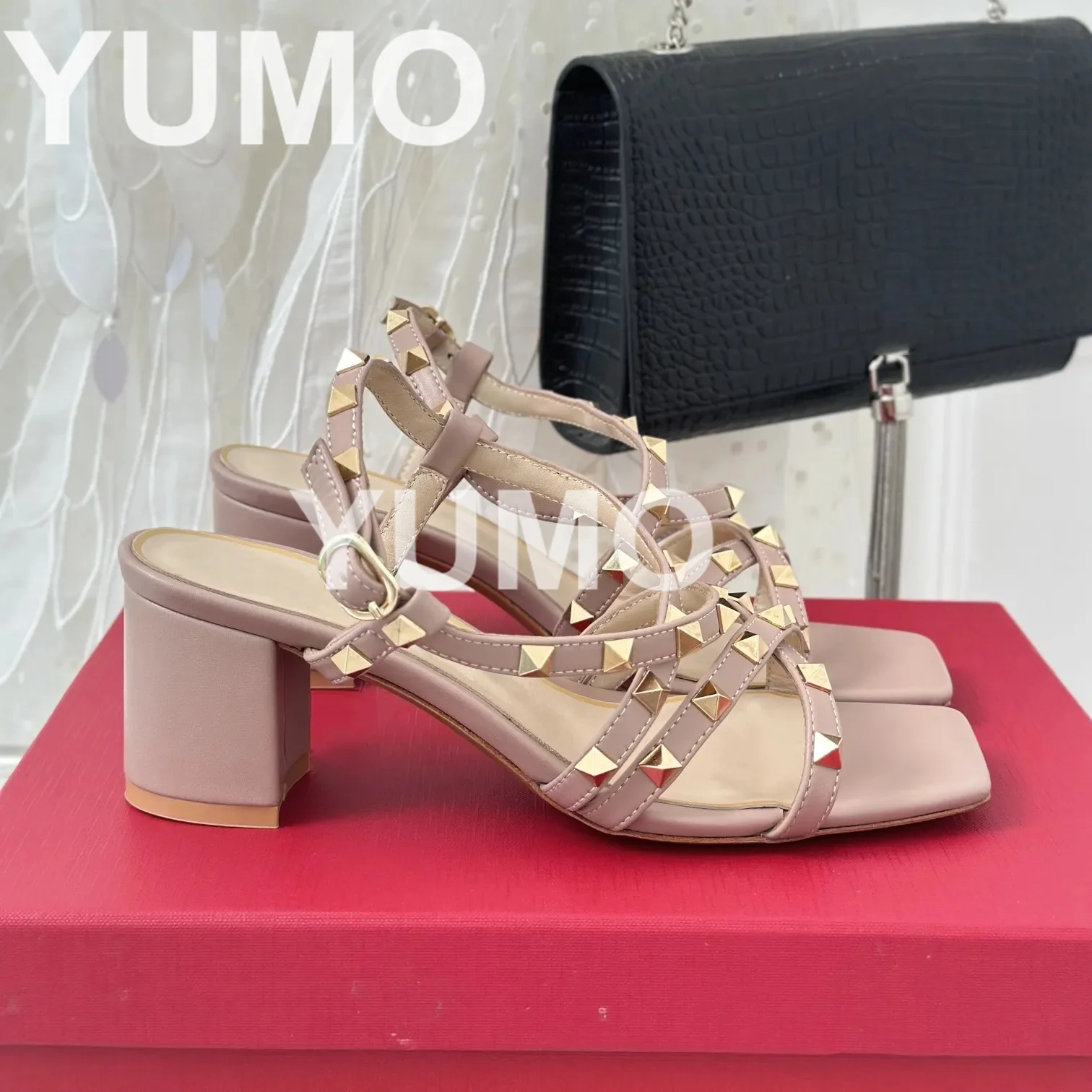 

Newest Sandals for Women Square Toe Genuine Leather Rivet Sandals High Heels Pumps Slingbacks Summer Designer Shoes Large Size