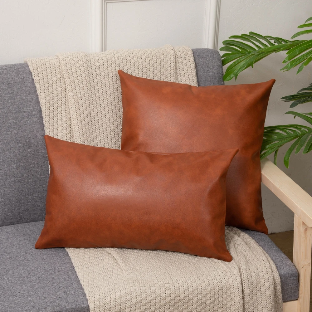 Cushion Cover Brown PU Leather Decoration Pillows for Sofa Living