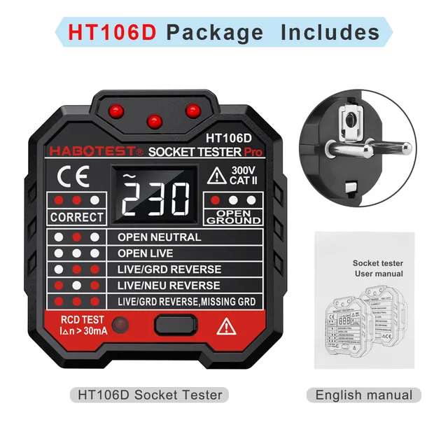 HT107D Socket Tester Digital Plug AC Voltage Detect RCD Test Socket Detector EU Plug Ground Zero