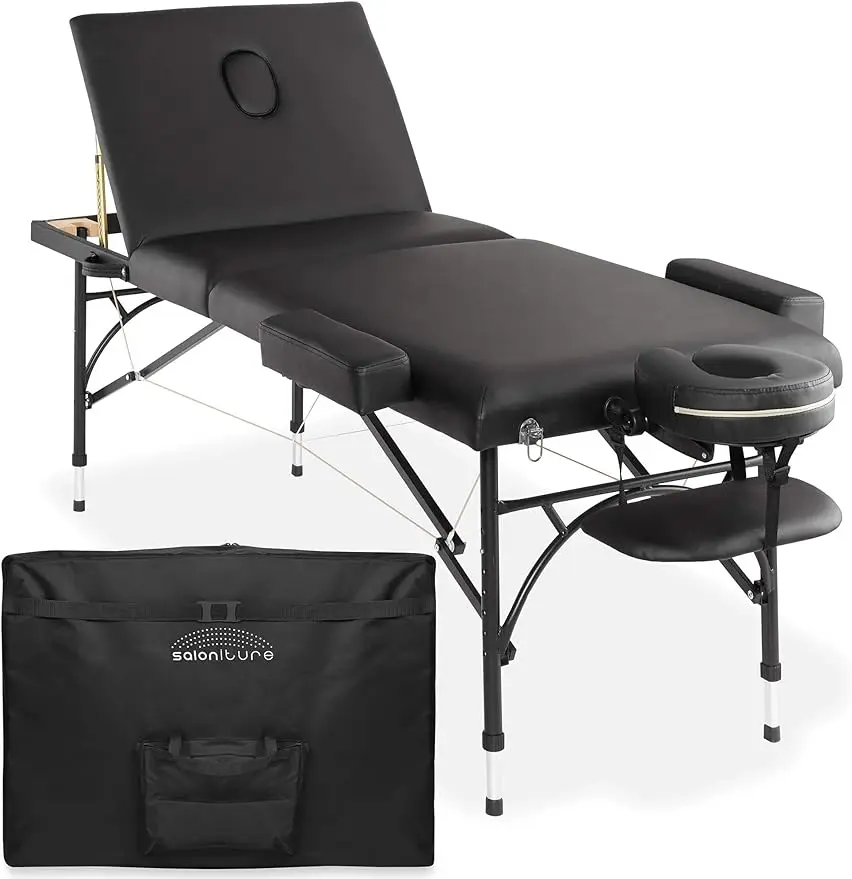 Saloniture Professional Portable Lightweight Tri-Fold Massage Table with Aluminum Legs - Includes Headrest, Face Cradle, Armrest pattern printing tablet case for samsung galaxy tab s8 pu leather tri fold stand cover with pencil holder apricot blossom