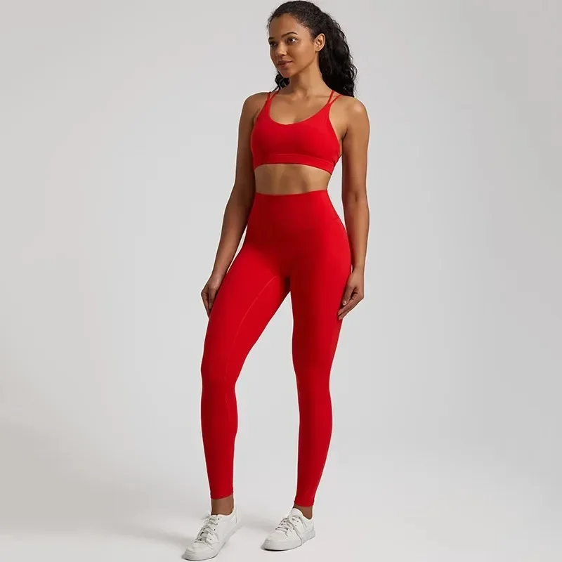 Lemon Gym Fitness Yoga Set Leggings Back Cross Sport Bra Top 2pc Suit Comprehensive Training Jog Womencutout Tie Round Nec