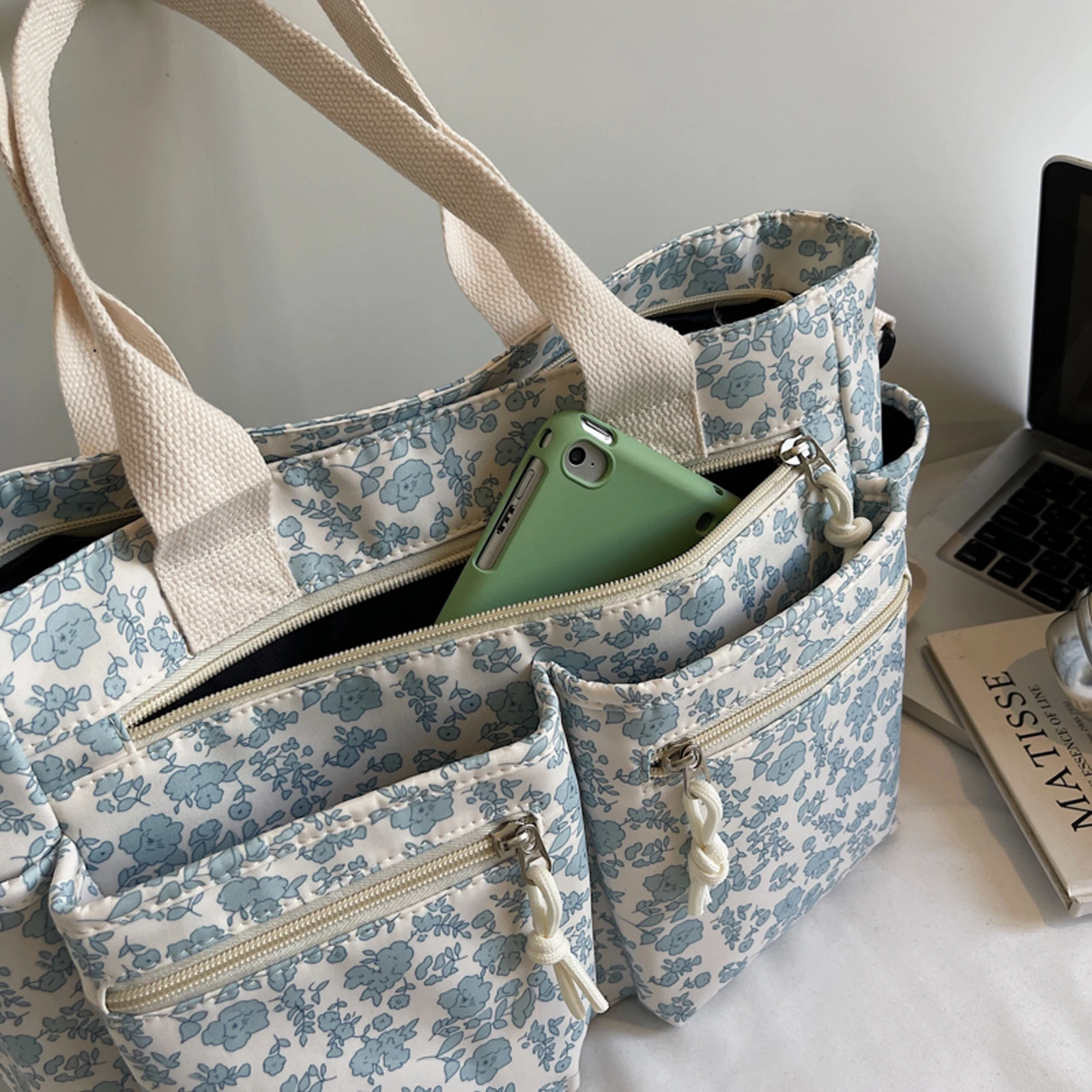 Nylon Floral Prints Shoulder Bag with Adjustable Strap Handbag with Multi Pocket Underarm Bag for Women Work Shopping Travel