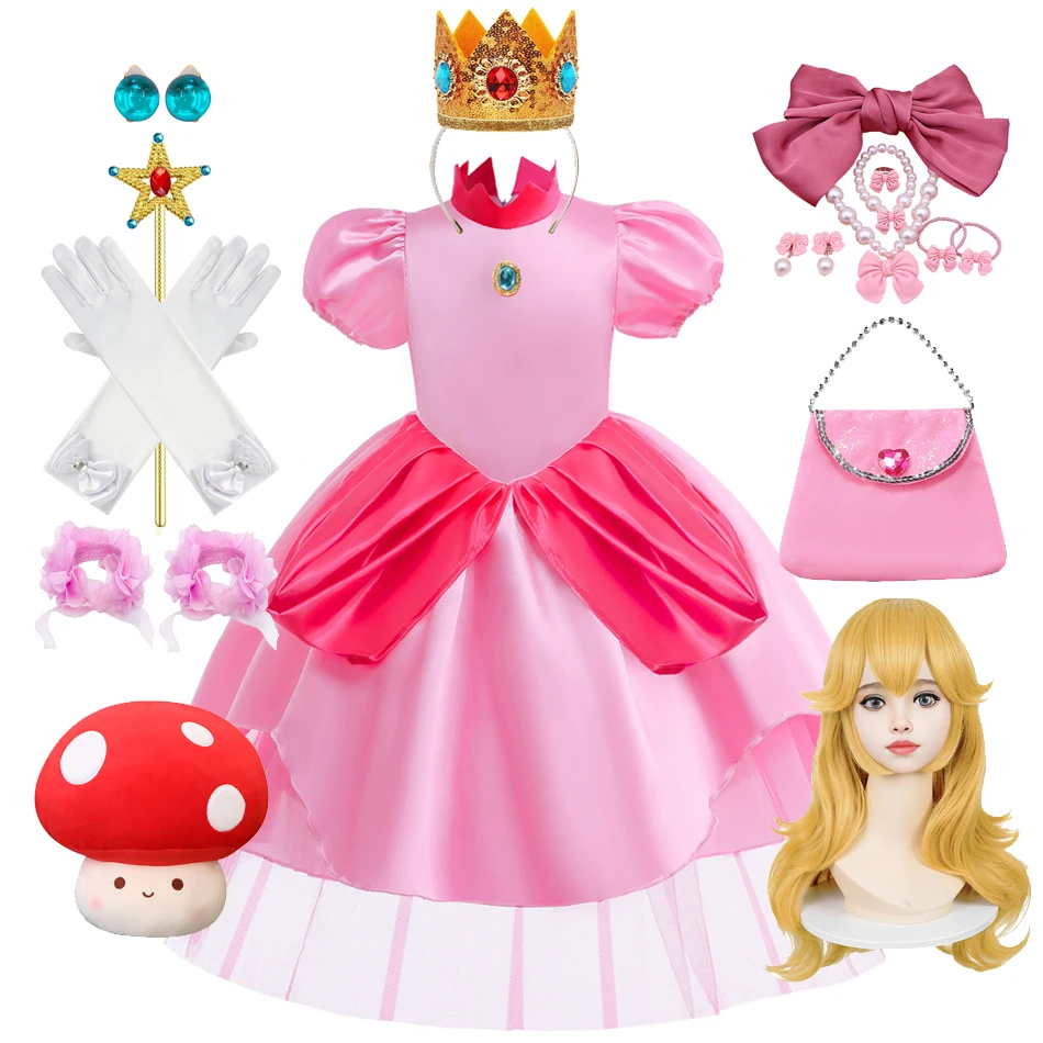 

Peach Cosplay Dress Girl Princess Pink Party Carnival Mesh Costume with Crown Birthday Gift Halloween Ball Gowns Daisy Rosalina