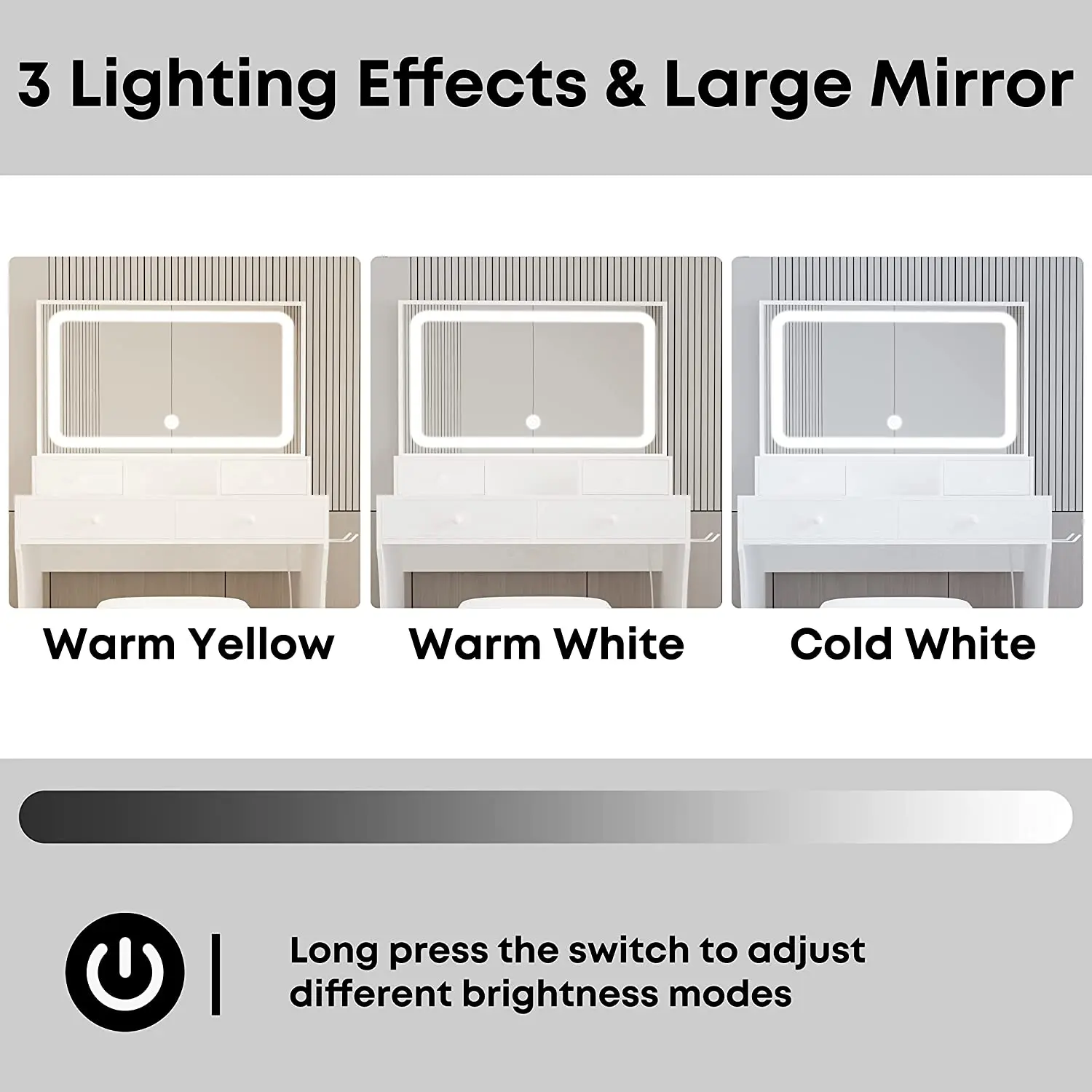 Vanity Desk with LED Lighted Mirror Power Outlet 4 Drawers Dressing Makeup Table Set with Storage Stool and Hair Dr LIKIMIO