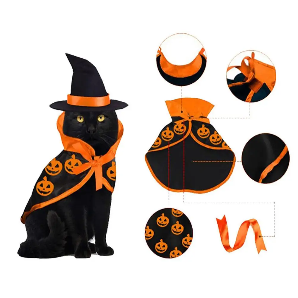 Pet Cats Clothes Cosplay Costume Dress Halloween Pet Cape Hat Set Cat