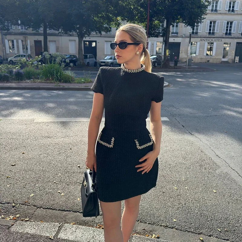 Elegant Tweed Short Party Dress Women Long Sleeve Square Collar Fake Pocket Evening Dresses Autumn Shiny Slim A-line Robes