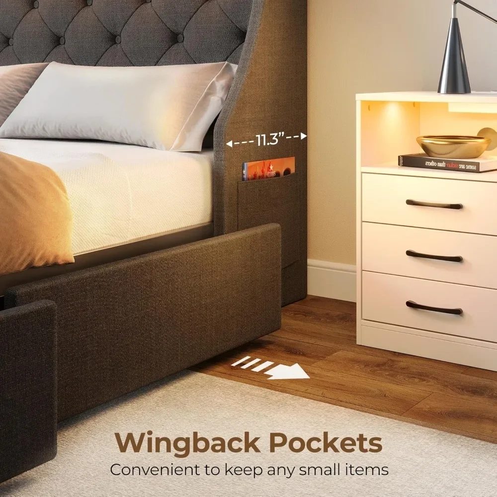 Twin Bed Frame with LED Lights and Charging Station, Upholstered Bed with Drawers, Wooden Slats, Noise Free, Easy Assembly 6
