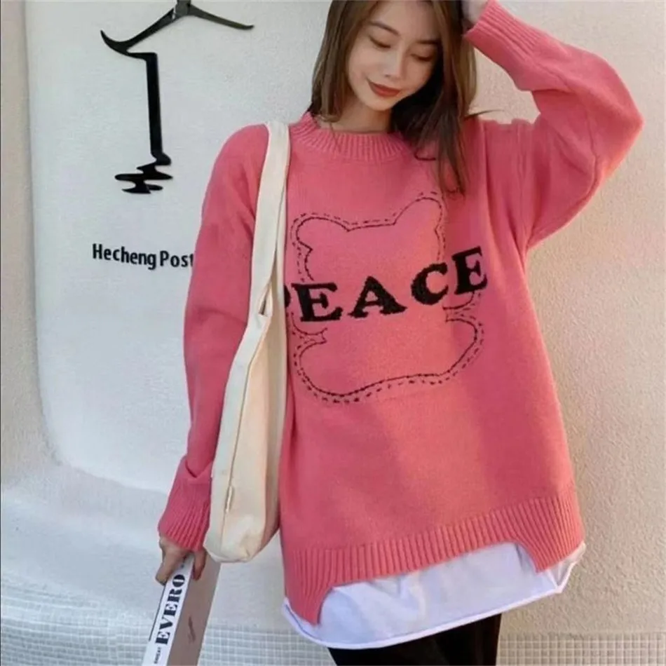 Autumn Winter Plus Velvet Women Letter Little Bear O-Neck Letter Pullover Sweater All-Match Korean Warm Tops TT0953 turtleneck