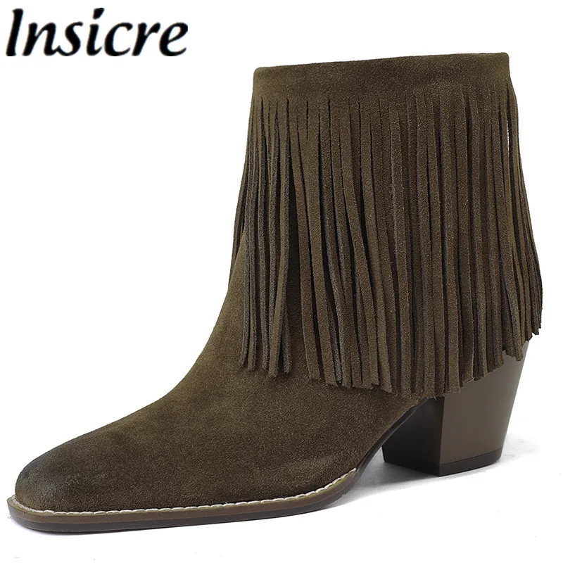 

Insicre Cow Suede 2022 Fashion Women Ankle Boots Thick Mid Heels Slip On Square Toe Tassel Shoes Winter Street Black