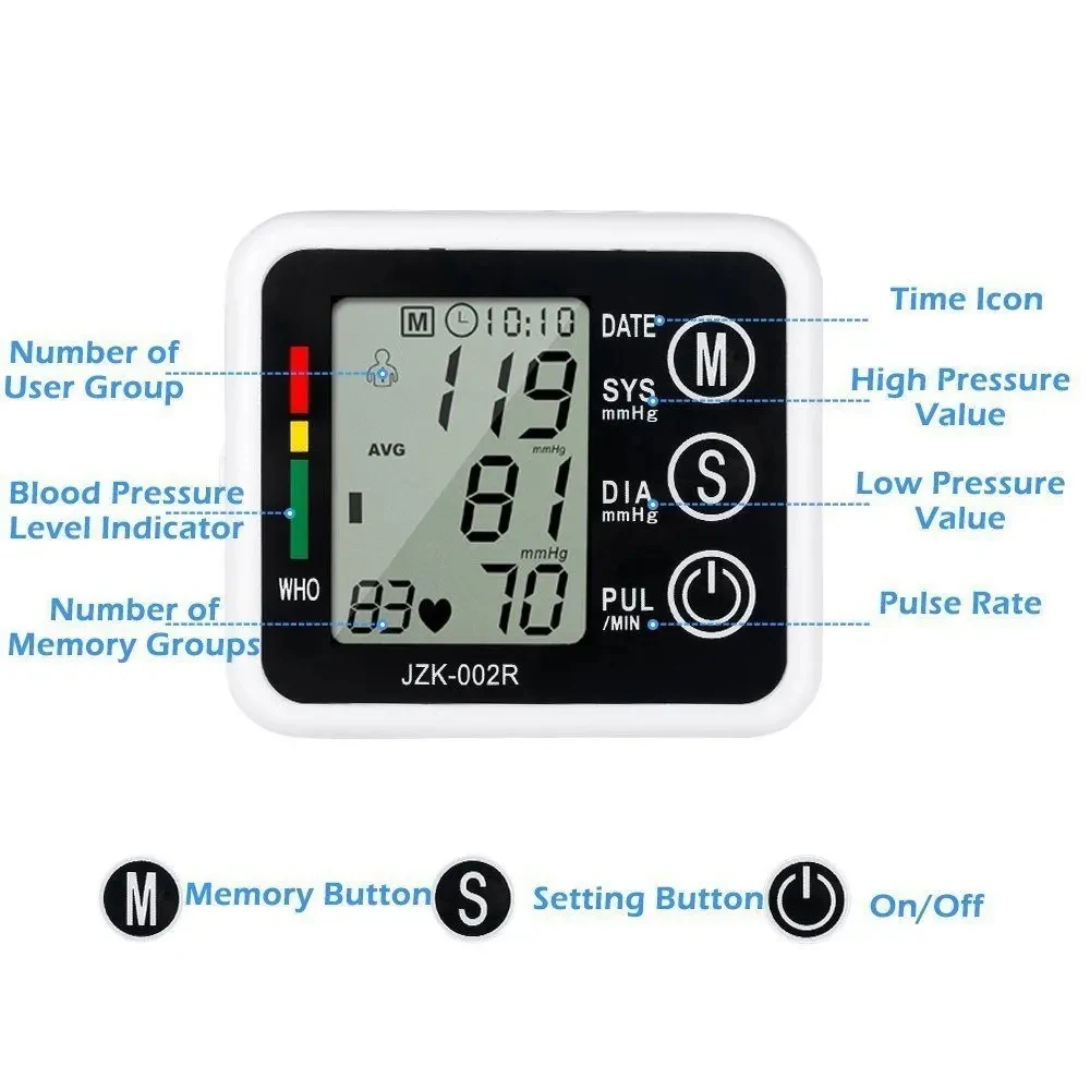 Automatic Digital Blood Pressure Heart Monitor Tensiometer Wrist Cuff Manometer Sphygmomanometer BP Pulse Rate Meter Machine