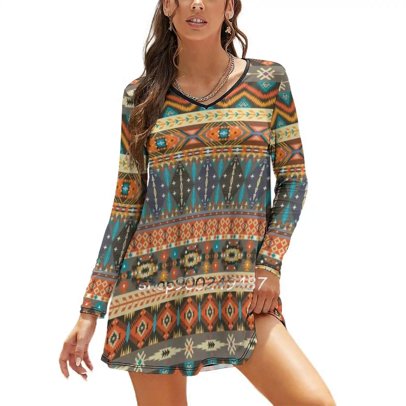

Colorful Tribal Pattern With Geometric Elements Slim Dress With Hollow Waist Autumn Winter Sexy V Neck Long Sleeve Dresses