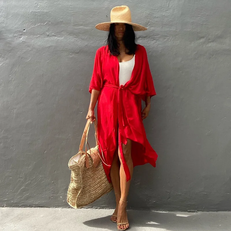 

2023 Spring Summer New Encryption Sunscreen Cardigan Bikini Cover-up Swimsuit Sunscreen Jacket Seaside Holiday Skirt Red