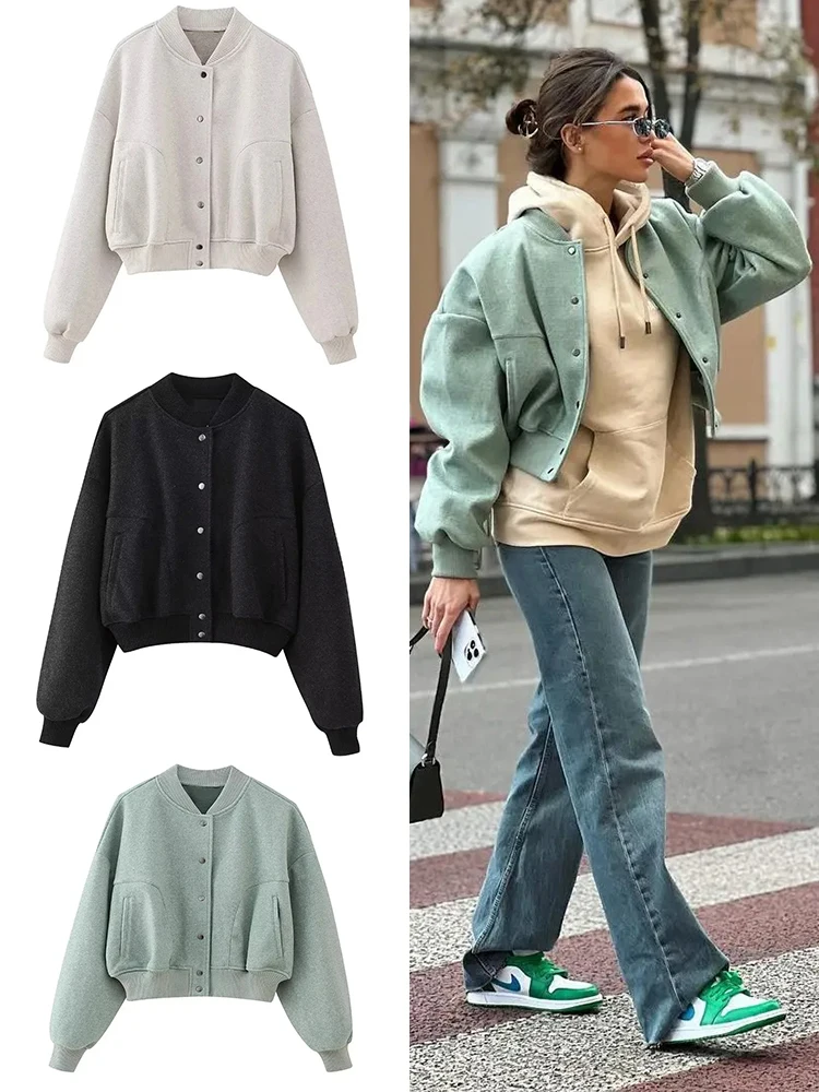 

ZBZA Women's Solid Color Coat Autumn And Winter New O Neck Long Sleeve Slim Aviator Jacket Casual Loose Soft Drawstring Jacket