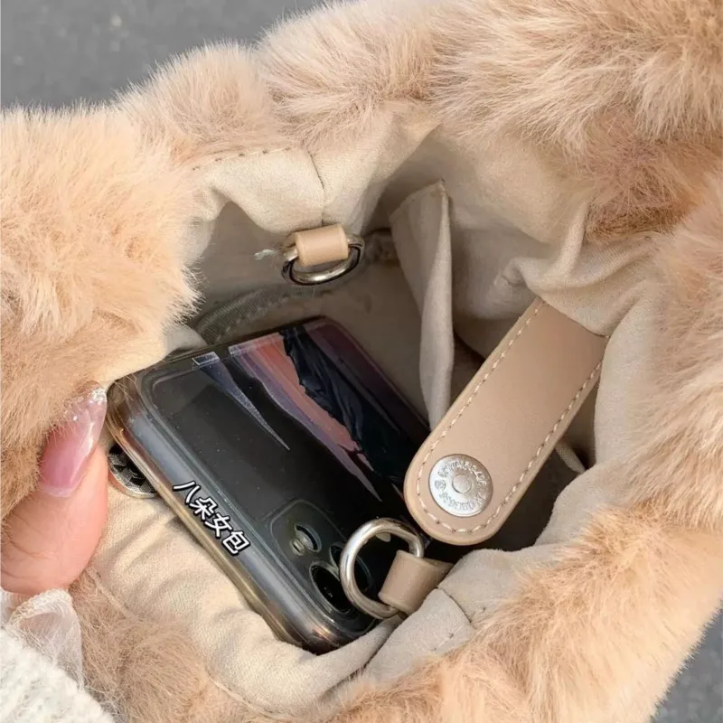 JIAERDI Fashion Brown Plush Bucket Bag Women Letter Panel Cloth Handbag Ladies Premium Soft Minimalist Crossbody Shoulder Bags