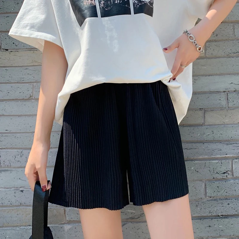 Women's Summer Shorts Ice Silk Loose Fashion Beach Style Shorts Soft Casual High Waist Streetwear Cropped Pants Solid Cycling paperbag shorts