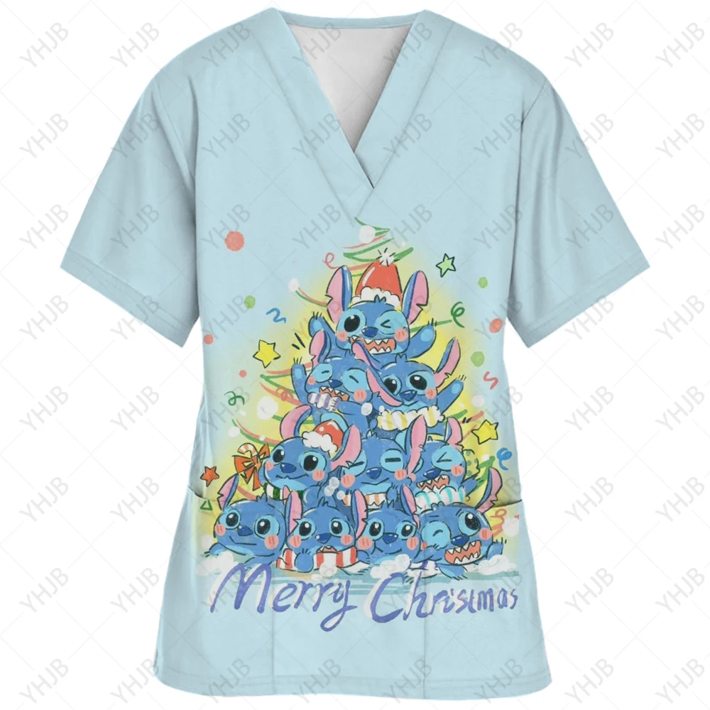 thumbnail image 1 of Blusa de uniforme de trabajo con cuello en V y cordón de manga corta con estampado de dibujos animados de Disney Stitch para mujer, 1 of 5