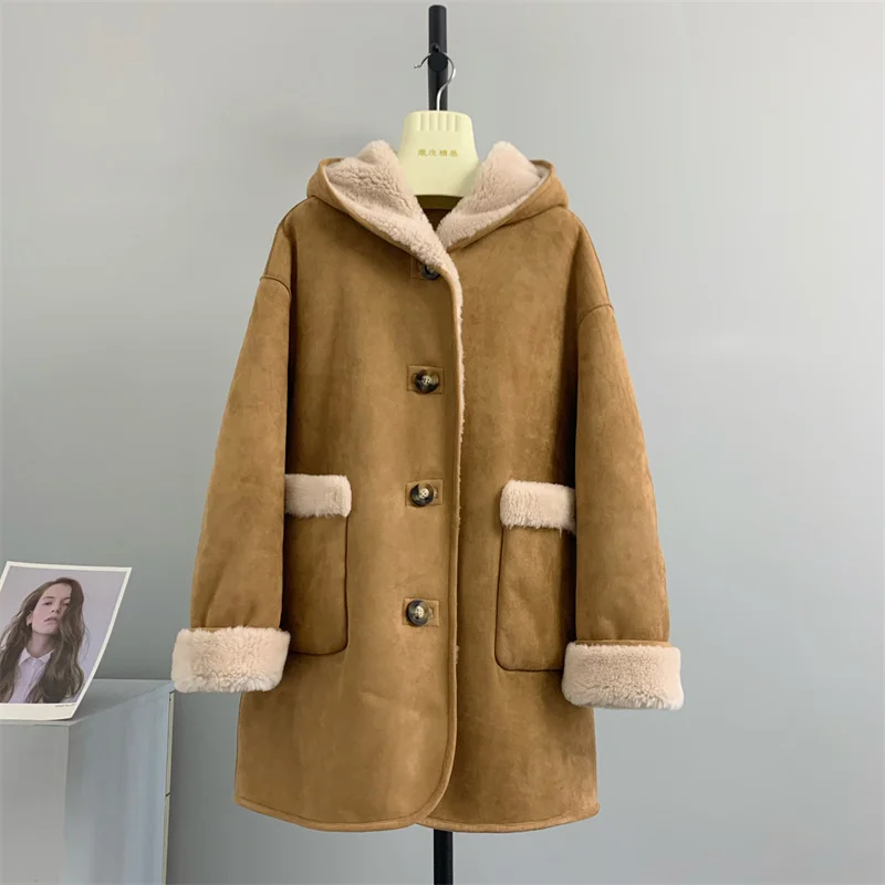 

100% genuine Off season clearance, double-sided hooded long lamb wool grain sheep shearing fur, fur coat, female