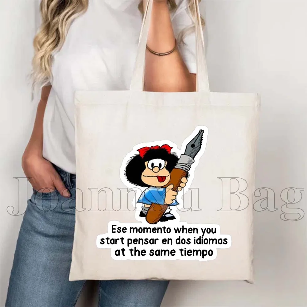 Funny Spanish Quotes Kawaii Cartoon Girl Mafalda Quino Comics Cute Mafalda Comics French Gifts Canvas Totes Bag Casual Handbags