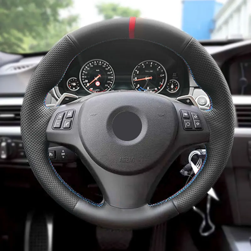 

For BMW 1 3 Series E82 E87 E90 X1 E84 old 2011-2013 Car Steering Wheel Cover Trim Black Leather-red blue line with red strip