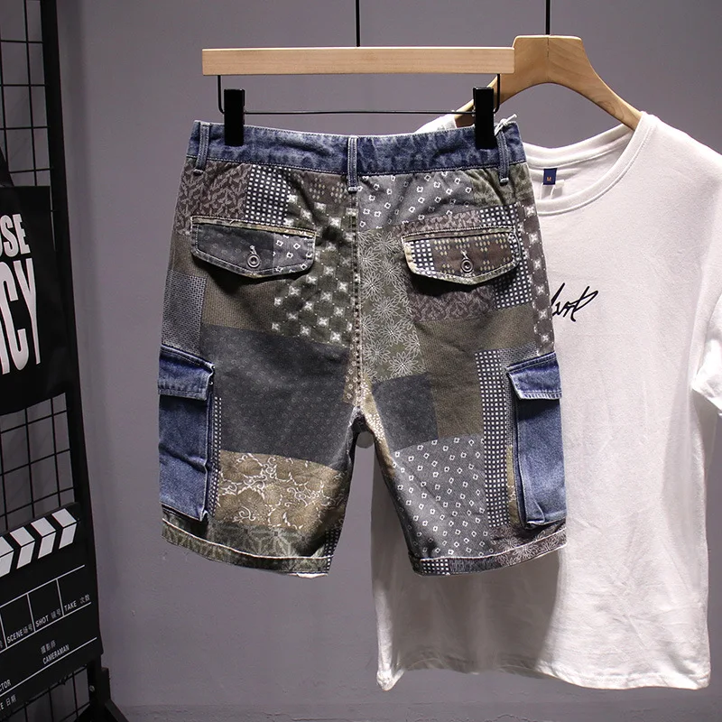 

Trendy paisley denim shorts men's summer casual hip hop fashion brand printing fifth pants Street multi-pocket middle pants