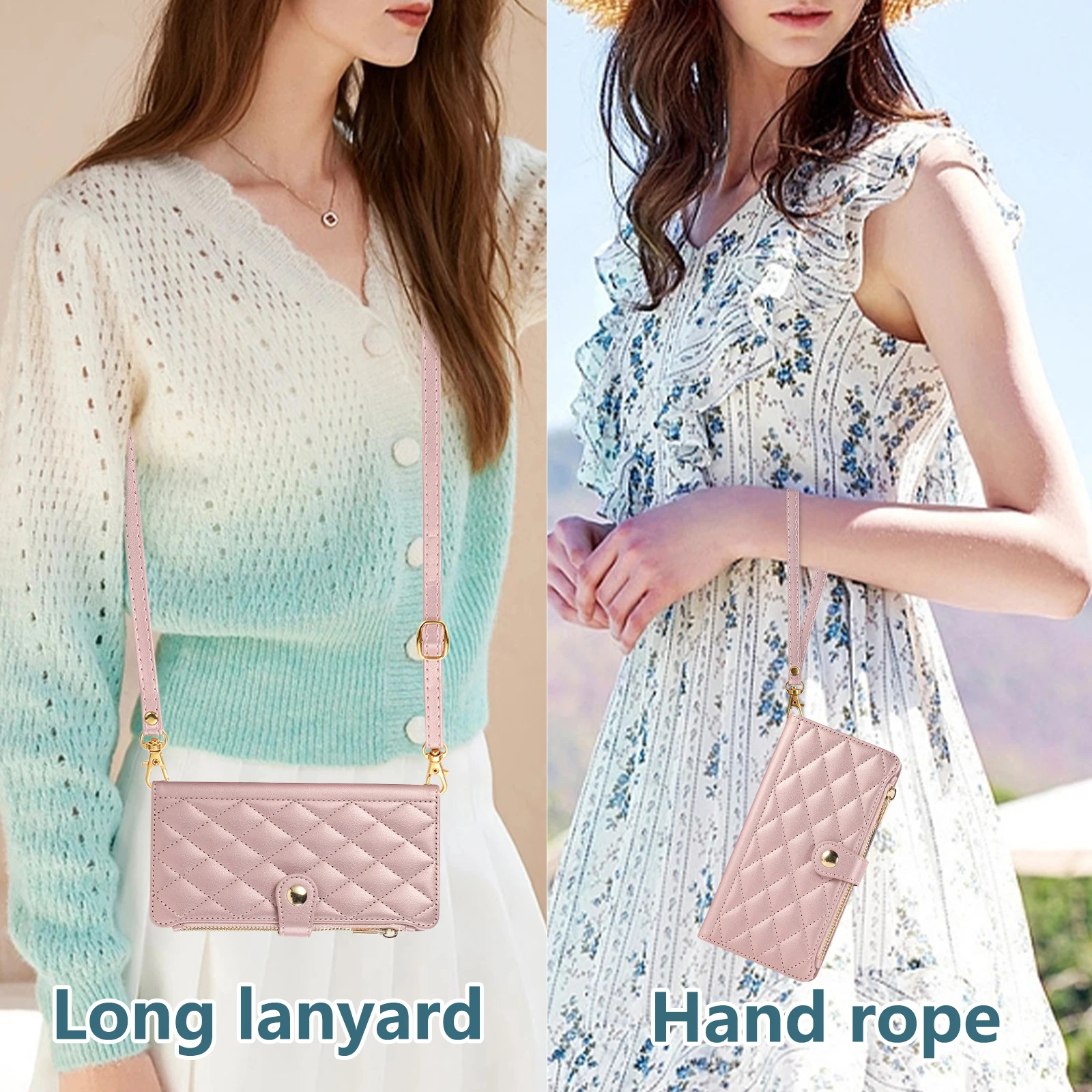 Elegant Crossbody Leather Wallet with Zipper and Diamond Design