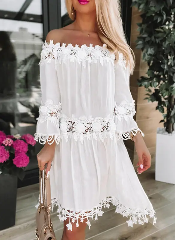 

Sundress Casual Swing Dress Women Sleeveless Drawstring V-Neck Mini Hollow Out Floral Lace Pleated Ruffle Loose Boho Vacation