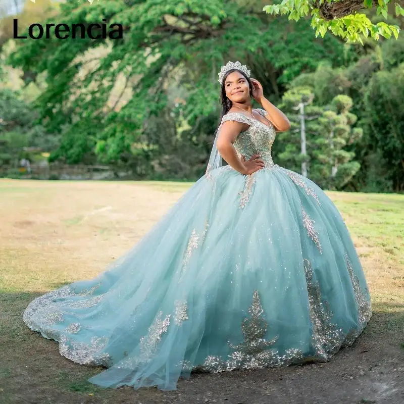 

Lorencia Princess Aqua Blue Quinceanera Dress Gold Applique Lace With Cape Ball Gown Corset Sweet 16 Vestidos De 15 Años YQD628