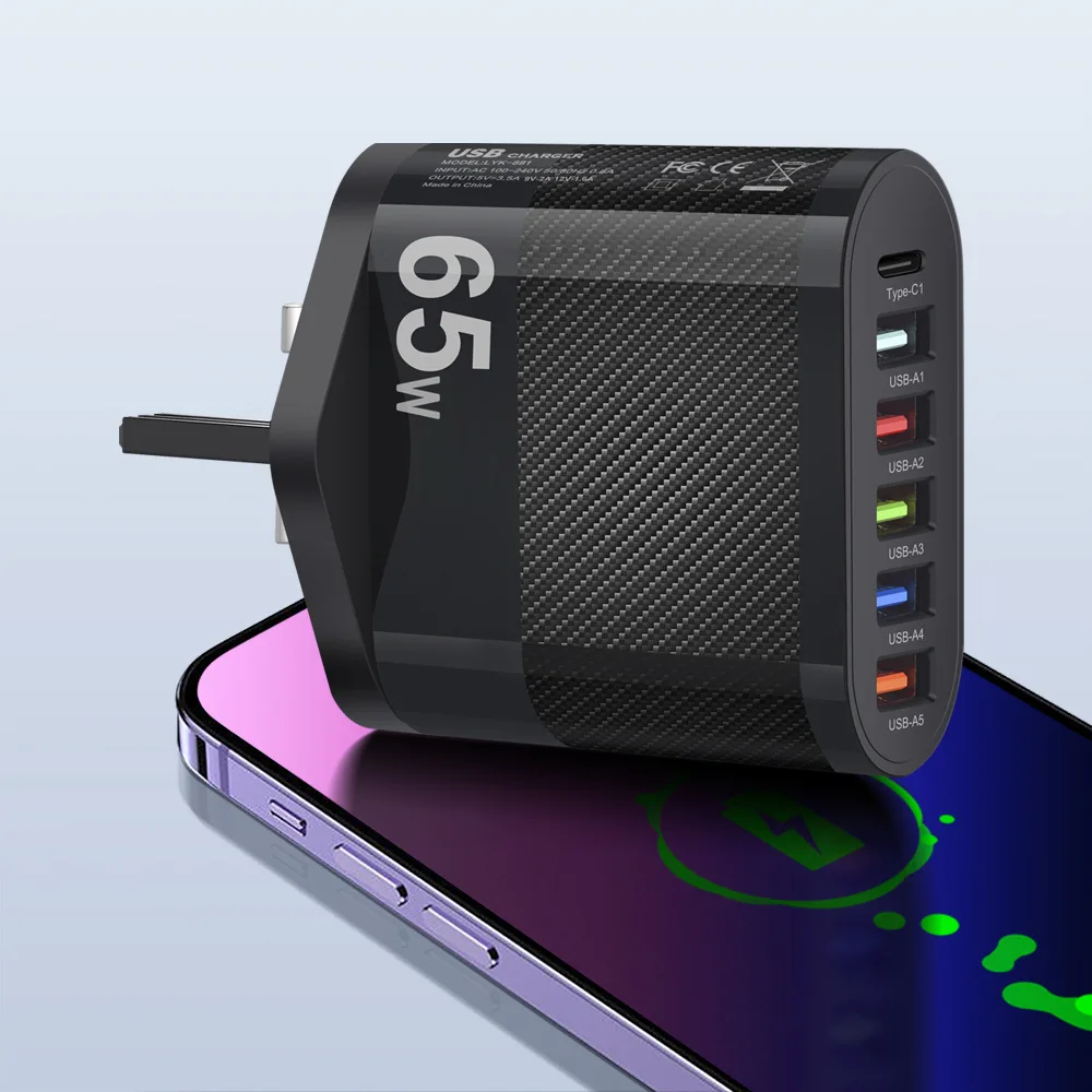 Charger Adapter Battery Charger Power Supply Adapter Fast Charger Battery Charger Adapter 65W USB Wall Charger Block PD QC 3.0 Fast Charging Block Plug 5 USB A Ports 1 Type C Adapter For Laptops Phones Tablet PC