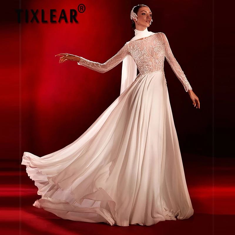 

TIXLEAR Fashion Princess Wedding Dress Boho Lace Applique Bridal GownElegant Long Sleeves Chiffon Vestidos De Novia Sweep Trian