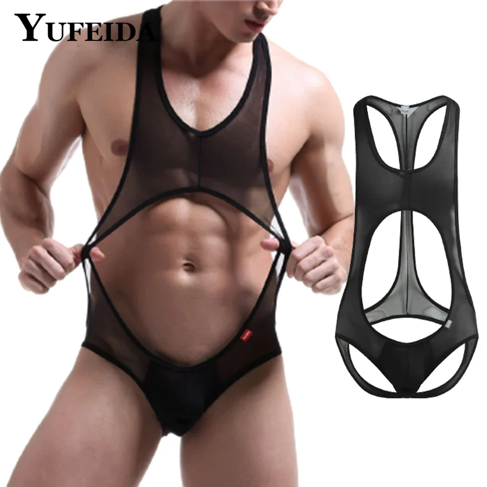 YUFEIDA Men Sexy Porn Mesh Bodysuits Openwork One-Piece Lingerie Buttocks Mesh Bondage Jumpsuit Hollow Back Tights Exotic Fetish 2023 new fashion women sexy rhinestone sheer mesh sleeveless jumpsuit rompers ladies elegant solid jumpsuit