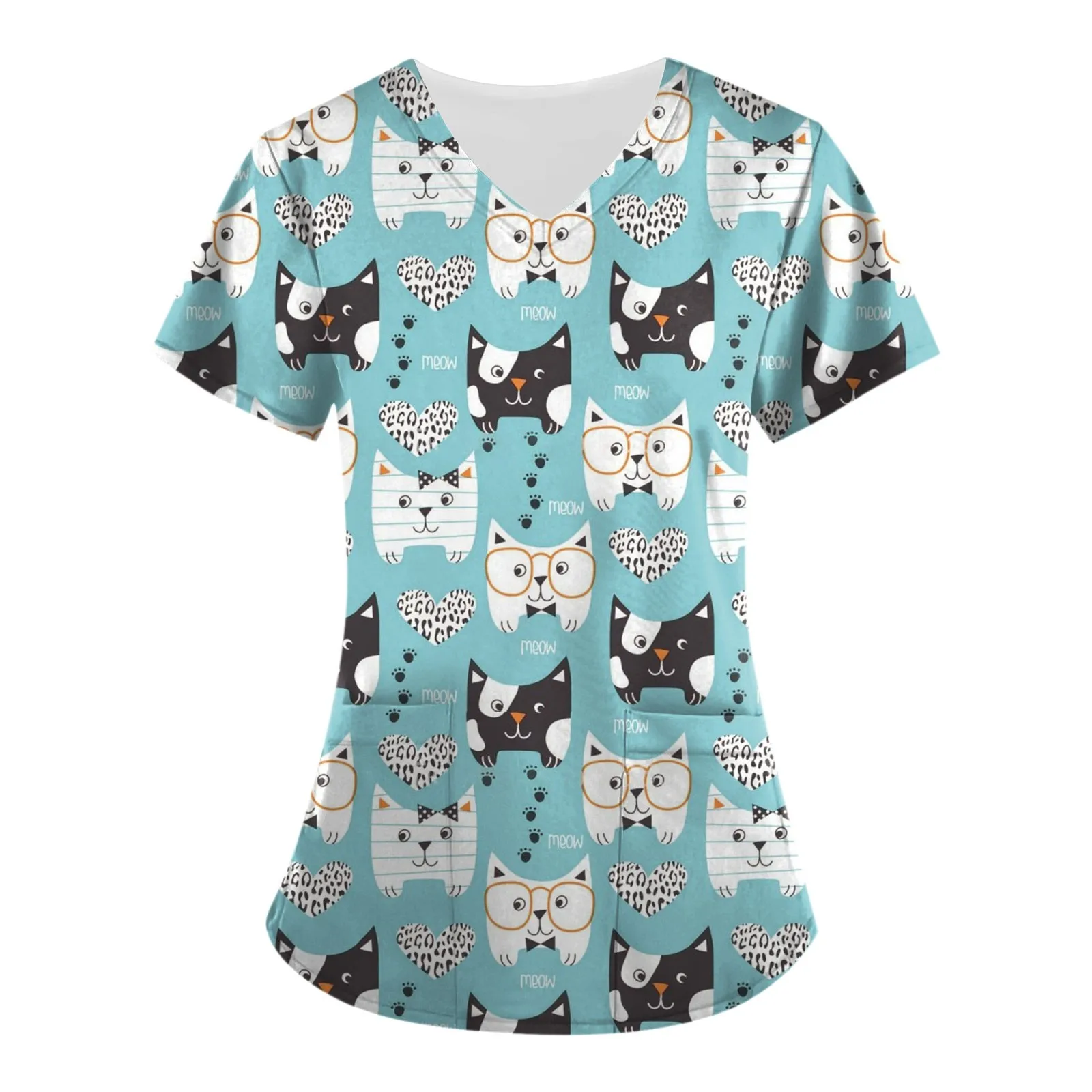 Women Working Uniform cartoon Print Cartoon Cat Dog Short Sleeve V-neck Tops Femme Blouse Nurse work wear Medical Uniforms