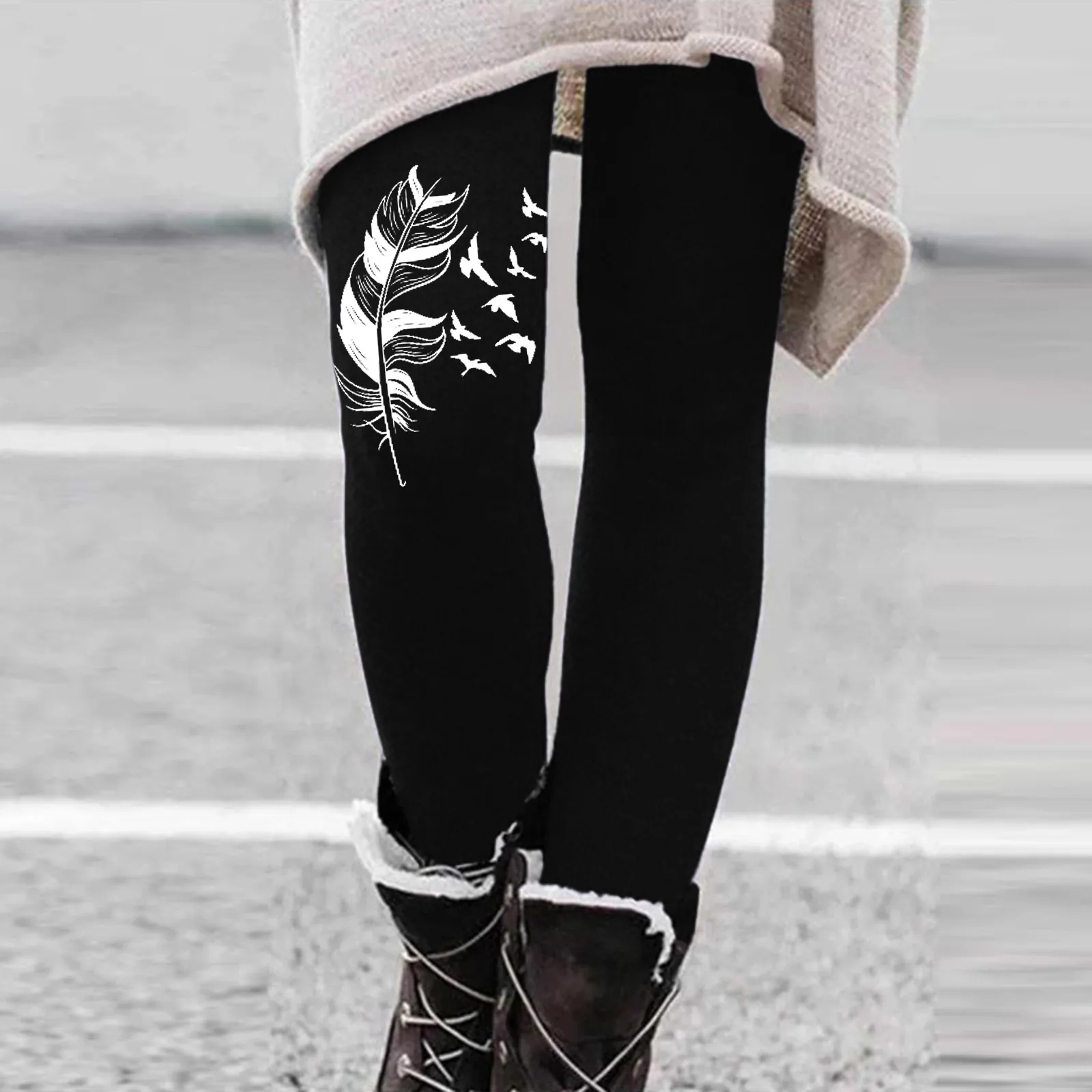 Womens Winter Casual Leggings Elastic Waist Thermal Capris Workout Trousers Thermal Prints Pants