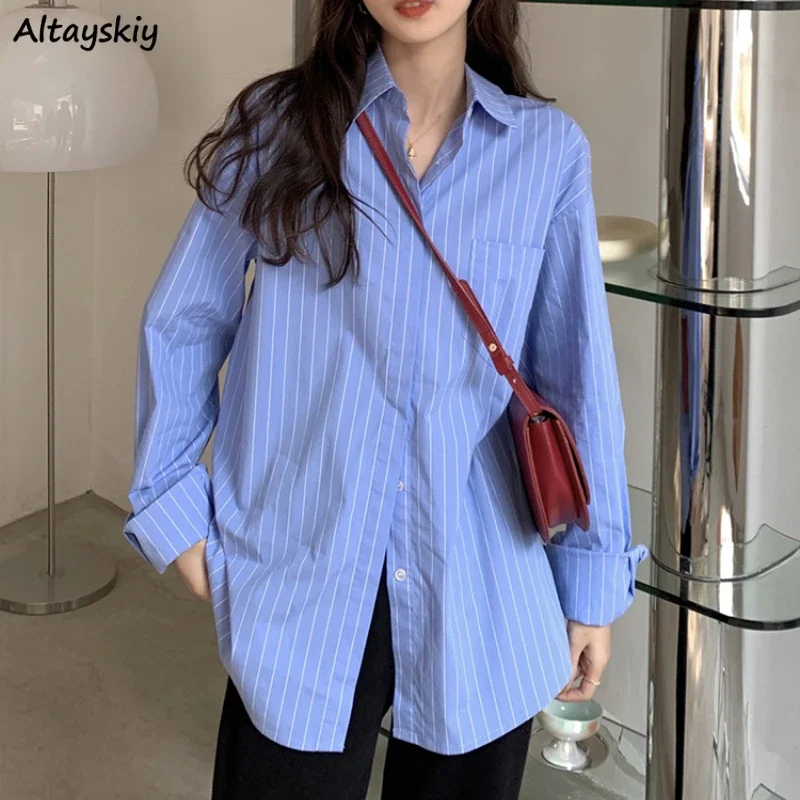 

Полосатые рубашки для женщин, модная свободная повседневная одежда с отложным воротником, элегантная повседневная простая универсальная одежда в стиле Харадзюку, улззанг
