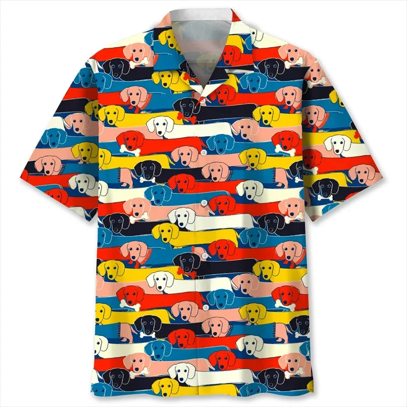 thumbnail image 1 of Camisa hawaiana con estampado 3D de dibujos animados de perro salchicha para hombre, blusa con gráfico de animales para mascotas, blusas con botones de solapa para vacaciones de verano, camisas de pla, 1 of 4
