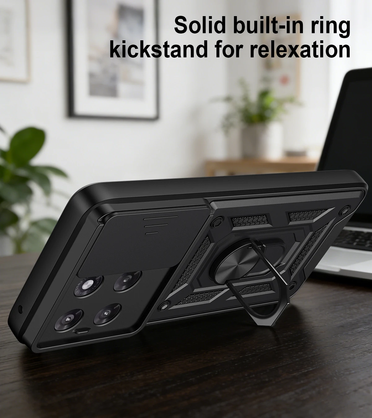 Armor Shockproof Slide Camera Protect Phone Case with Magnet Holder Ring and Back Cover