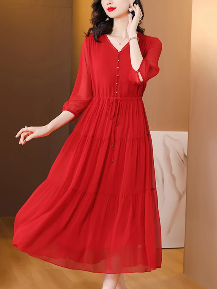 Midi Dress Loose Bodycon Dress 2024 Summer New Silk Red Vintage