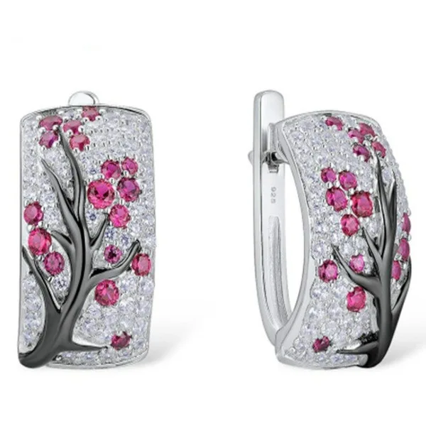 2pcs Pack Luxury Fashion Black Pink Branch Tree silver Bride Jewelry Set For Women Party Gift jewelry set silver jewelry silver jewelry set