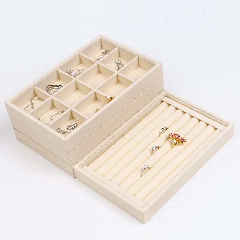 

Beige Bead Velvet Jewelry Storage Organizer Holder Necklace Bracelet Pendant Display Tray Ring Case Without Lid Cloth Multistyle