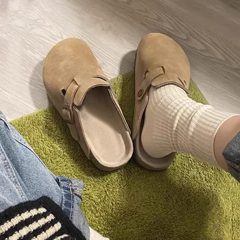 New Retro Fashion Women's Shoes Solid Color Soft Soled Slingback Shoes Round Toe Thick-Soled Suede Clogs Sandals Outdoor Beach 1