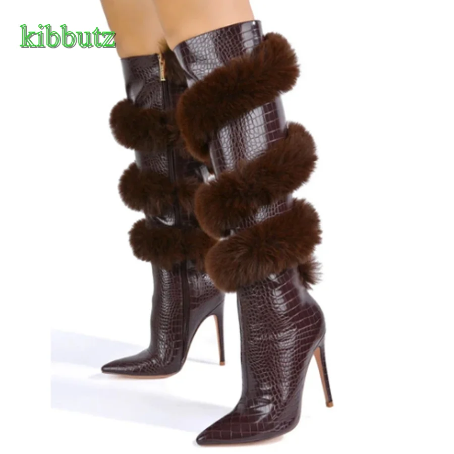 

Winter Furry Warm Snow Boots,Croc Effect Leather Knee High Boots Pointed Toe Stiletto Women Shoes 2023 New Zapatos Para Mujere