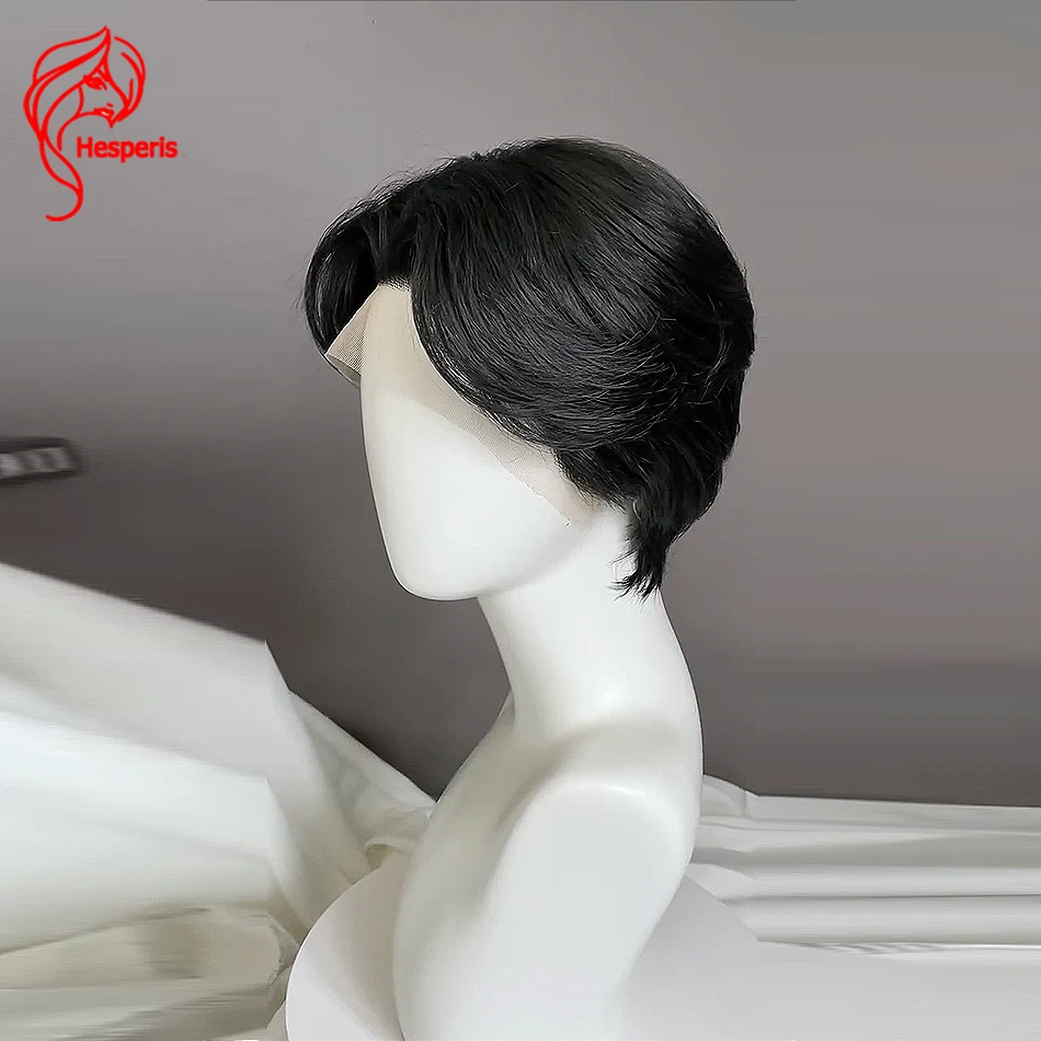 Hesperis Pre Styled Thin Skin Men Full Lace Wig Replacement Systems Human Hair Men's Wig Natural Color Short Cut Pixie Wigs