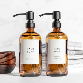 เครื่องจ่ายสบู่แก้วสีเหลืองอําพันพร้อมปั๊มสีดํา,เครื่องจ่ายสบู่เหลวมือสําหรับห้องน้ํา,ห้องครัวเครื่องจ่ายสบู่จาน,2 ชิ้น 16 ออนซ์ 500 มล. 1