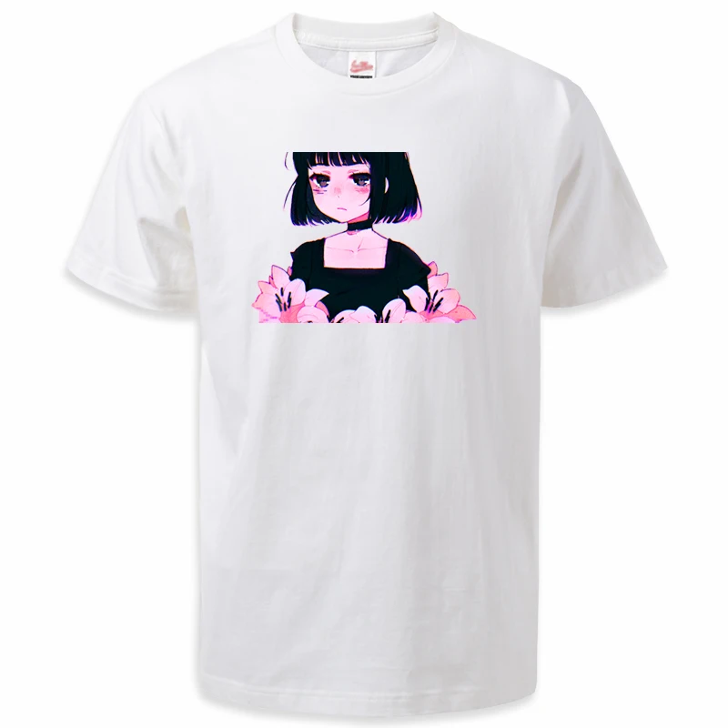 

2023 Summer Mens Anime Girl Tee Shirts Fashion Kawaii Sad Anime Girl Tshirts Cotton Harajuku Streetwear Pink Oversize Tops Tees