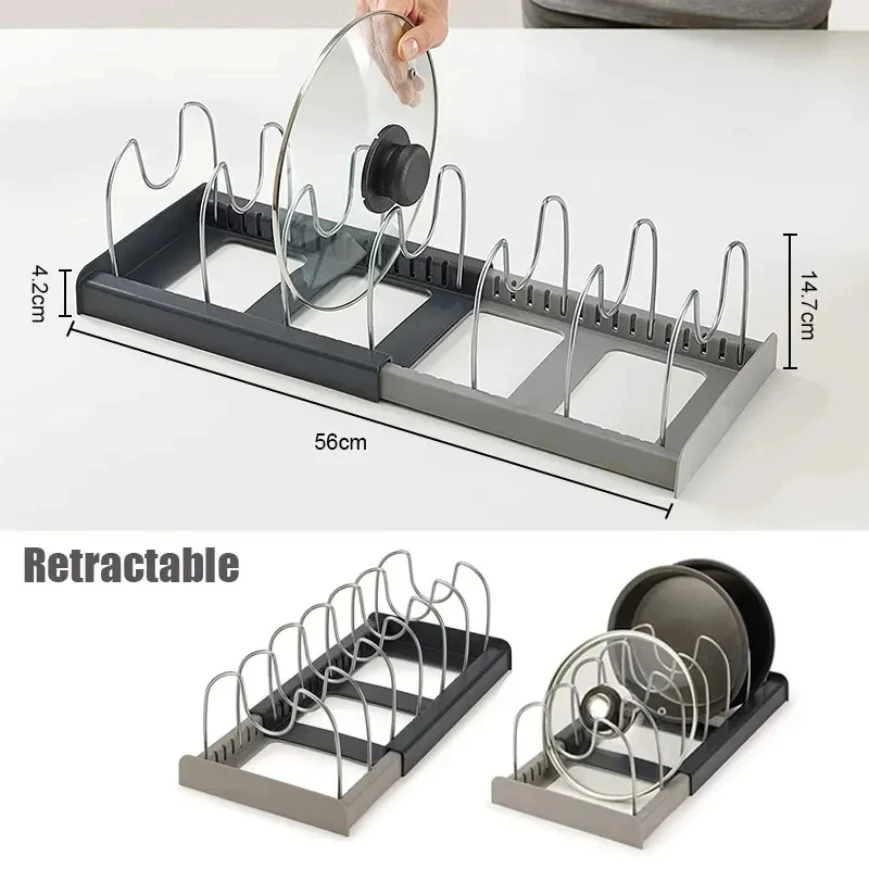 Kitchen Storage Solution Expandable Stainless Steel Rack for Pan Pot Lid Cutting Board Dish Drying and Cookware Organizer 4
