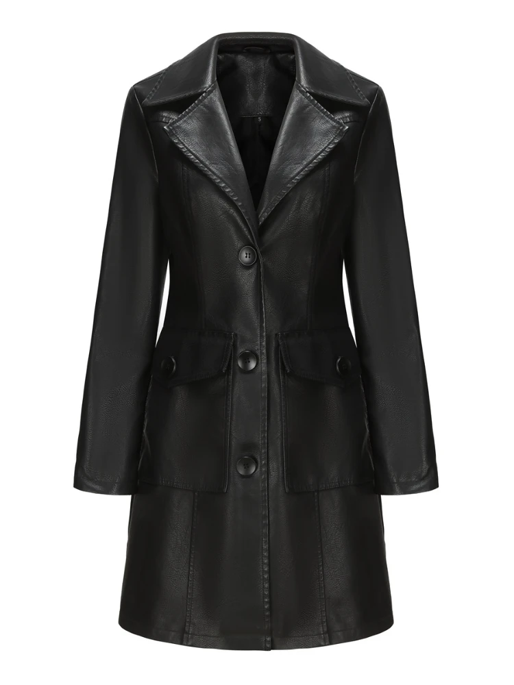 

FTLZZ New Spring Autumn Women Fashion Lapel Single Breasted Faux Leather Jacket Lady Vintage Elegant Pockets Long Pu Trench Coat