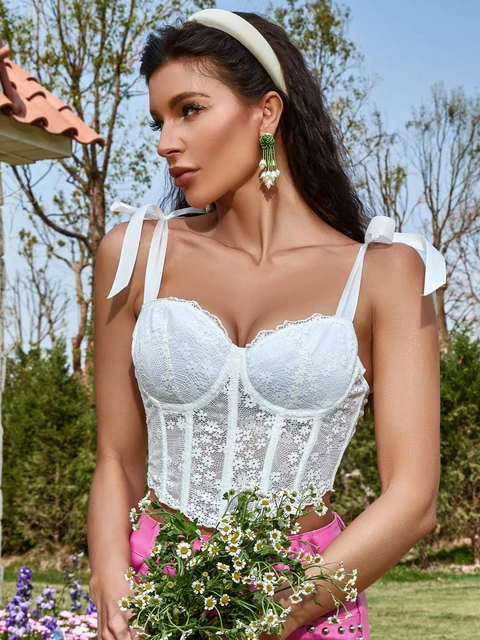 2023 Elegant Sexy Lady Tie Shoulder Floral Lace Up Back Cutout Curved Hem  Tight-Fitting Bustier Corset Shapewear Top